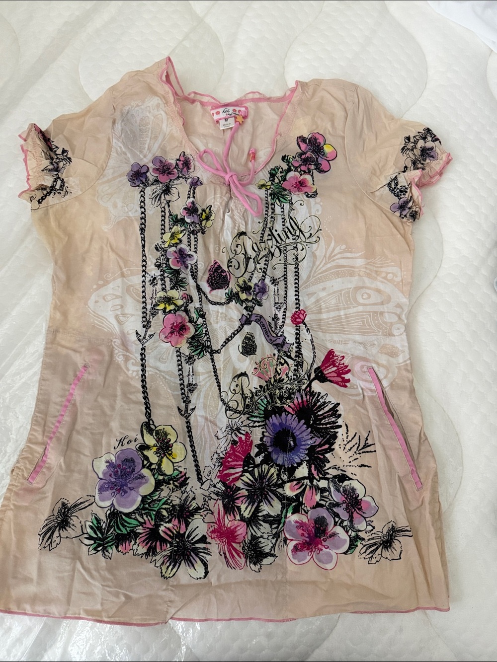 koi Beige Floral Tie-Neck Dress with Pink and Purple Accents
